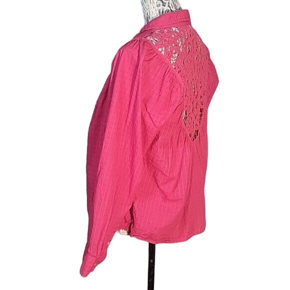 Womens Fuchsia Button-Up Blouse With Lace Back Detail & Long Sleeves - Picture 2 of 8